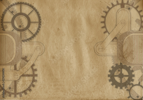 Steampunk London vintage travel background with gears and cogs on grunge canvas paper