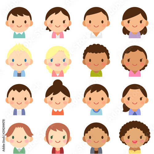 世界の人々　人種　男女　顔　かわいい　フラットアイコン　セット	