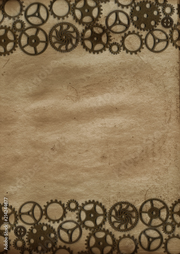 Frame vintage steampunk background, gears and cogs on canvas paper, old grunge © magerram