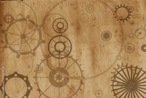 Frame vintage steampunk background, gears and cogs on canvas paper, old grunge