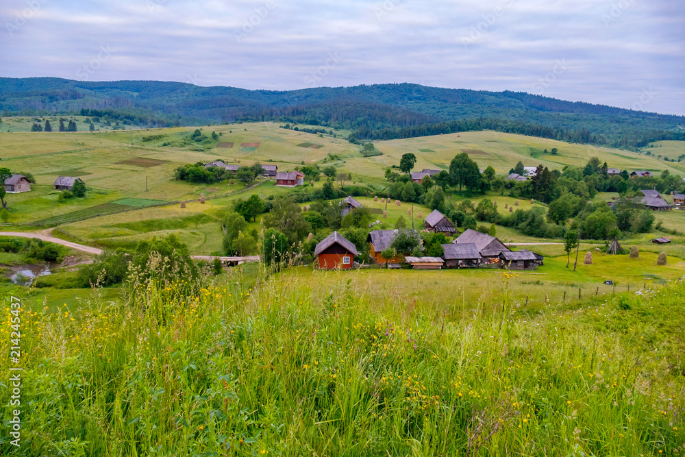 Naklejka premium A charming landscape of mountainous terrain with rural houses located on the slopes and valley between green trees.