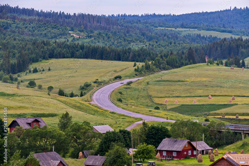 Carpathian village near the road in the background of the forest Carpathian village near the road in the background of the forest
