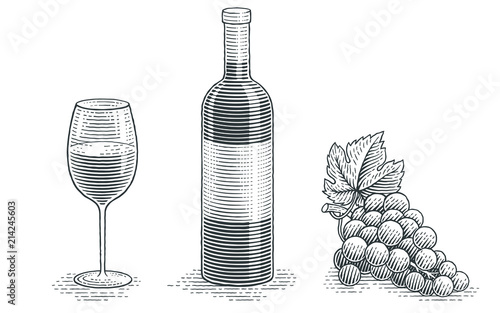 Wine bottle, glass of wine and grapes. Hand drawn engraving style illustrations. 