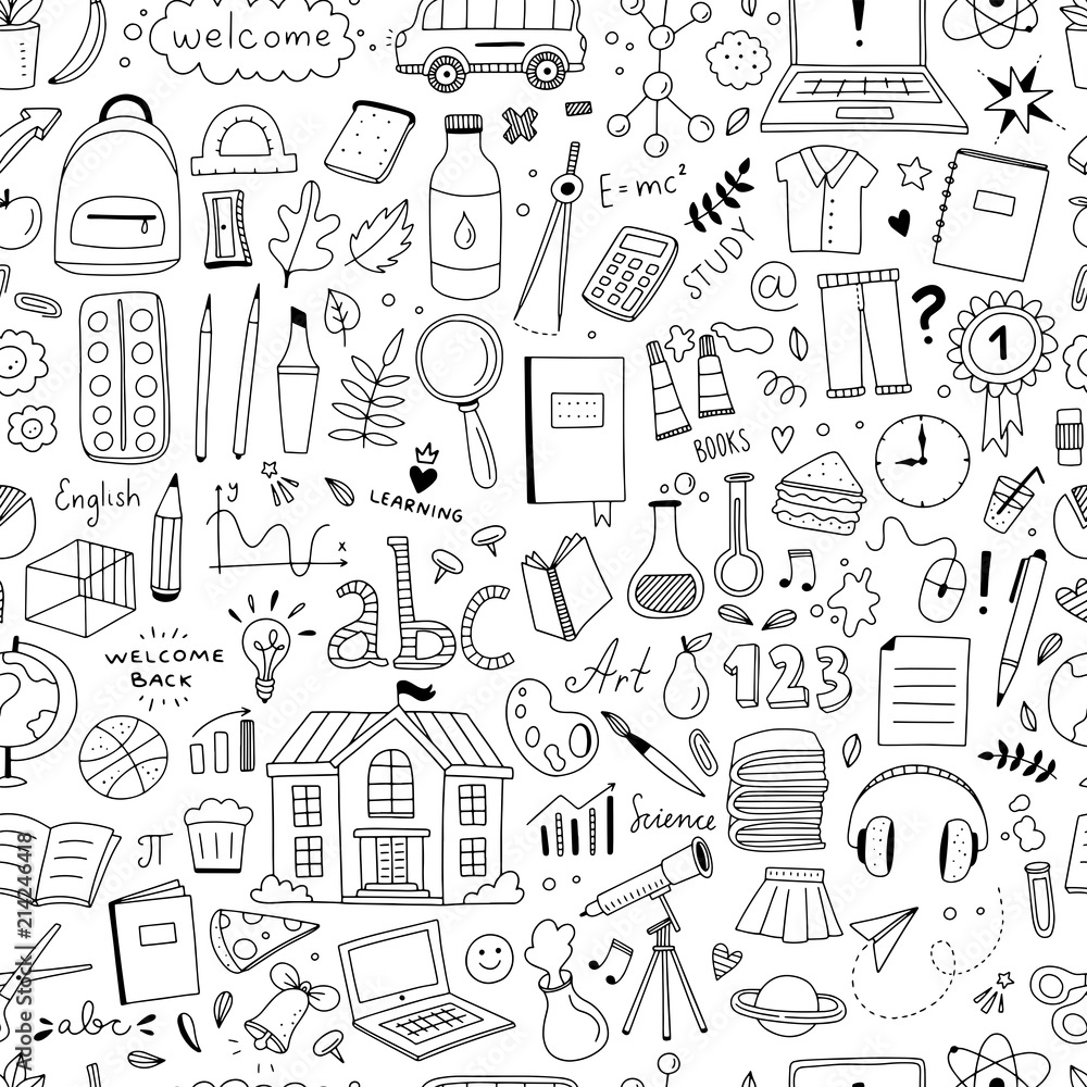 Cute doodle school pattern. Seamless background with school and science  objects and illustrations in hand drawn style Stock Vector | Adobe Stock