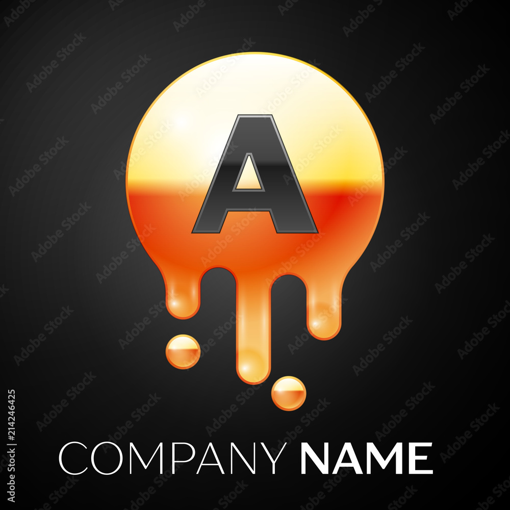 Letter A splash logo. Golden dots and bubbles letter design on black ...