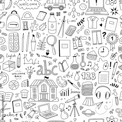 Cute doodle school pattern. Seamless background with school and science objects and illustrations in hand drawn style