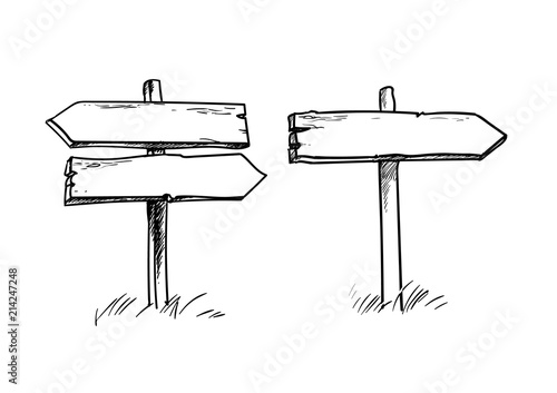 Set of old wooden direction signs in sketch slyle
