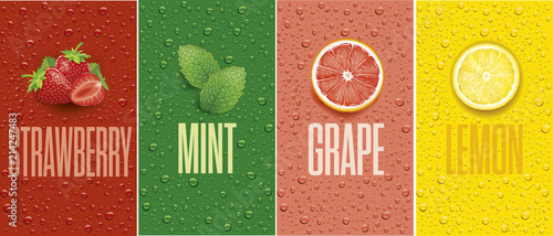 Drinks and juice background with drops and grapefruit, lemon slice, mint leaf and strawberry