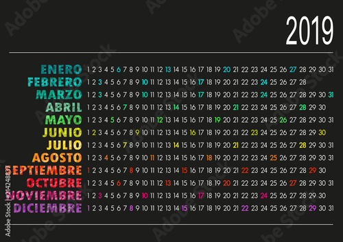 Spanish calendar 2019 / Spanish calendar for year 2019 on black background