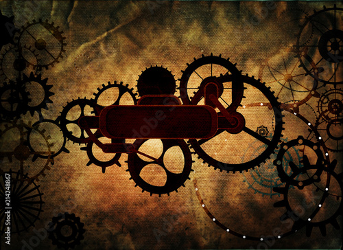 Steampunk vintage metal frame background with rusty grunge collage, cogs, dark elements, wheels and gears on paper canvas dirty texture 