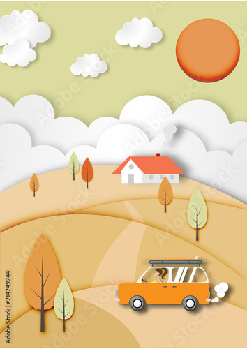 Landscape View autumn background with paper art design vector and illustration