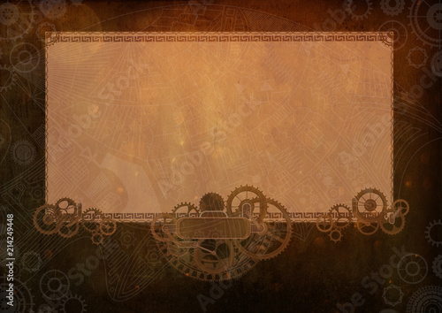 Steampunk vintage frame background,  cogs and gears on grunge canvas paper