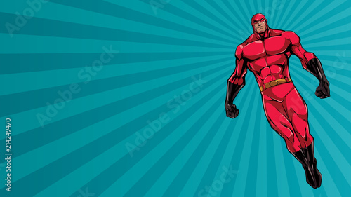 Full length illustration of powerful superhero looking down while soaring over abstract background.