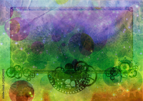 Steampunk vintage frame background, cogs and gears on grunge canvas paper