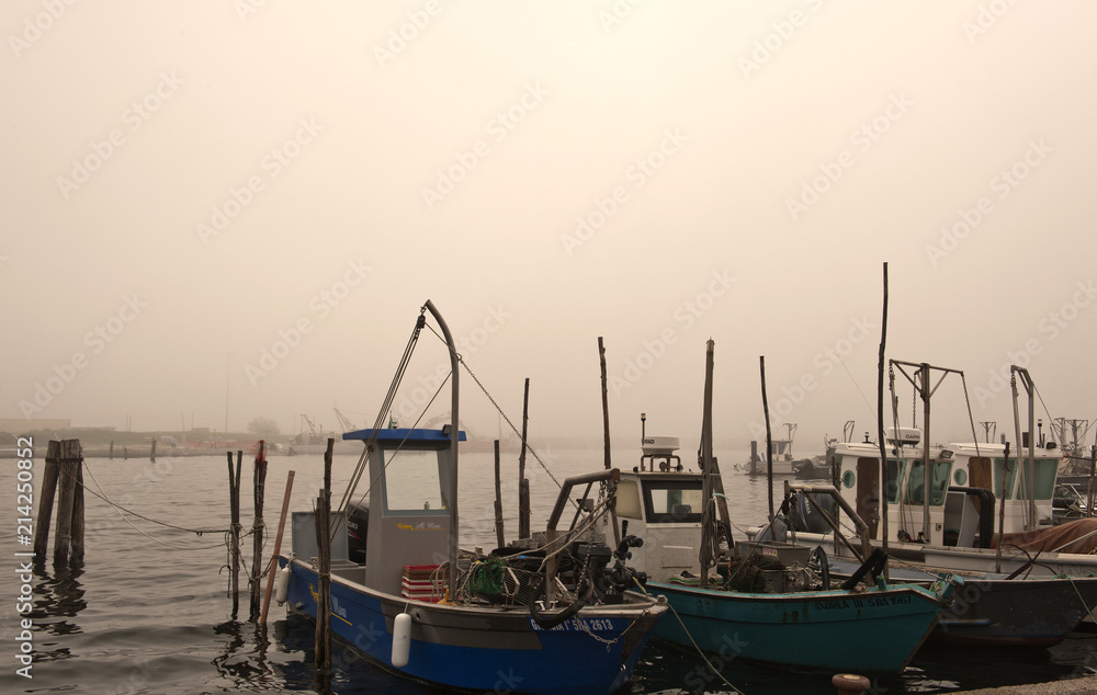 Fischerboote im Fischereihafen von Goro, Delta del Po, Po-Delta, Provinz Ferrara, Veneto, Norditalien, Italien, Europa