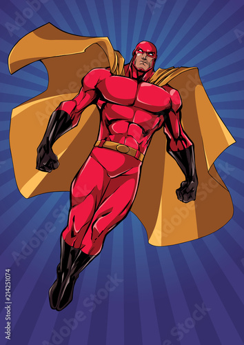 Full length illustration of powerful superhero looking down while soaring over abstract background.