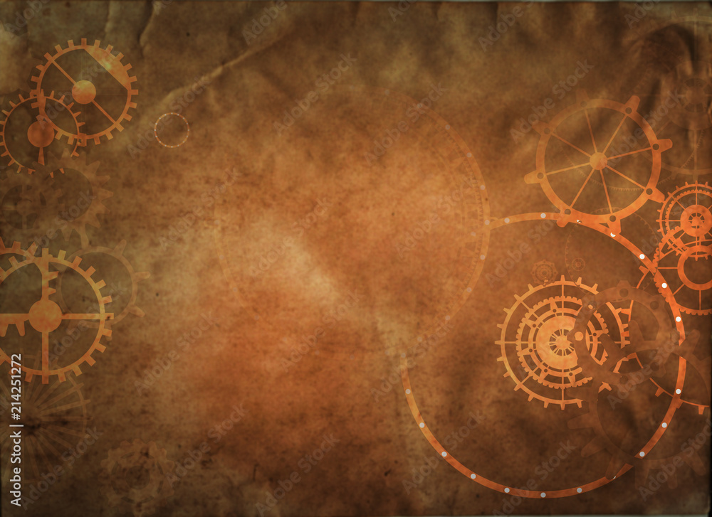 Naklejka premium Steampunk vintage metal frame background with rusty grunge collage, cogs, dark elements, wheels and gears on paper canvas dirty texture 