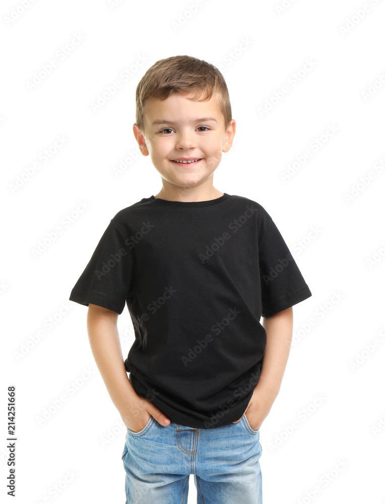 Little boy in t-shirt on white background. Mockup for design Little boy in t-shirt on white background. Mockup for design