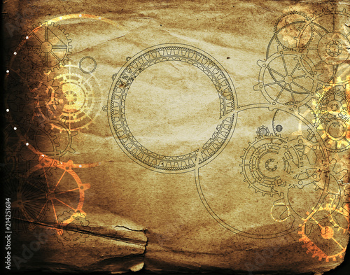 Vintage steampunk background, cogs and gears on grunge old canvas paper
