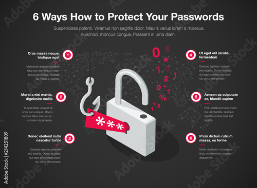 Simple Vector infographic for 6 ways how to protect your passwords template isolated on dark background. Easy to use for your website or presentation.