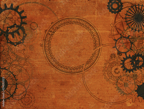 Wallpaper Mural Steampunk vintage metal frame background with rusty grunge collage, cogs, dark elements, wheels and gears on paper canvas dirty texture  Torontodigital.ca