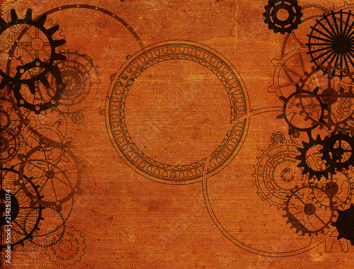 Steampunk vintage metal frame background with rusty grunge collage  cogs  dark elements  wheels and gears on paper canvas dirty texture 