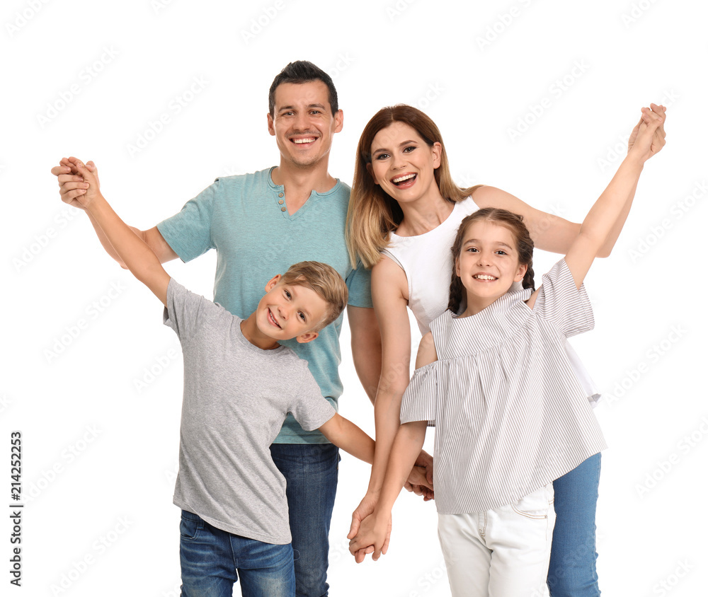 Happy family with children on white background Happy family with children on white background