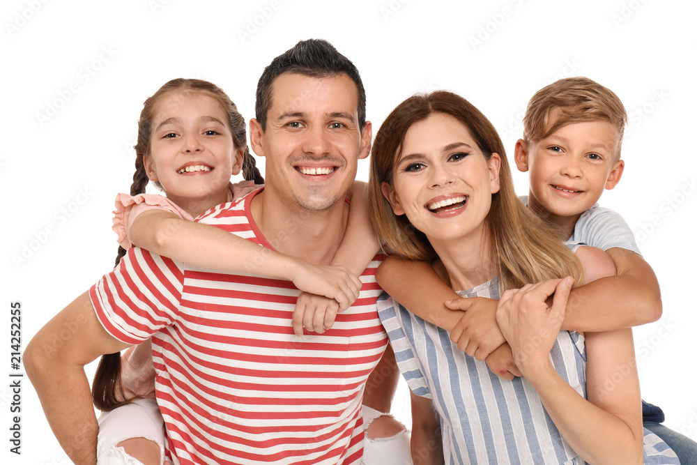 Happy family with children on white background