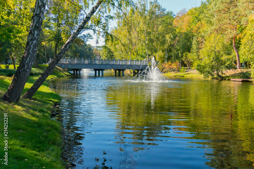 river with a fountain and a bridge and with birches on the shore