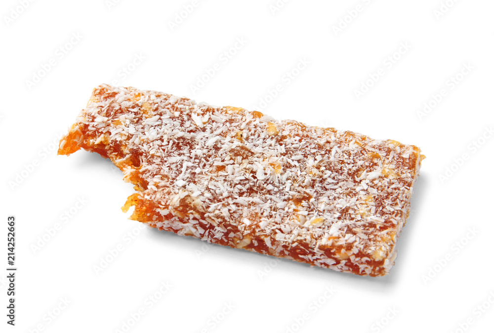 Grain cereal bar with desiccated coconut on white background. Healthy snack Grain cereal bar with desiccated coconut on white background. Healthy snack