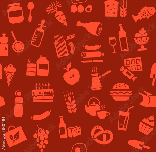 Food, seamless pattern, red, color, grocery, vector. Food and drinks, production and sale. Vector background. Red icons on a dark red field. 