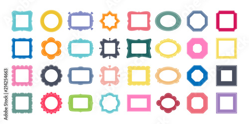 Mega set of decorative photo frames for your design. Different shapes: square, rectangle, round, oval, star, flower, octagon. Vector illustration. Big pack of 32 design elements.