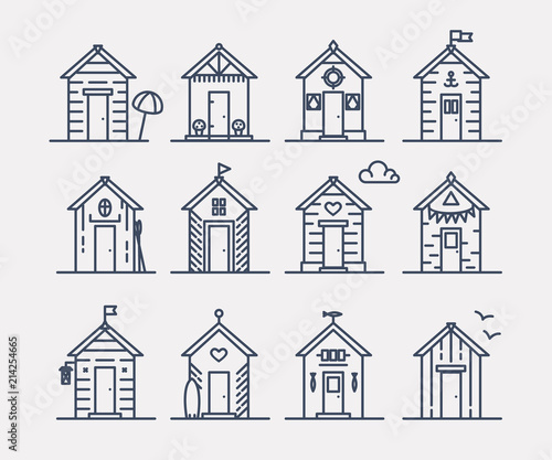 Photographie Set of beach hut icons, flat line style, blue and white