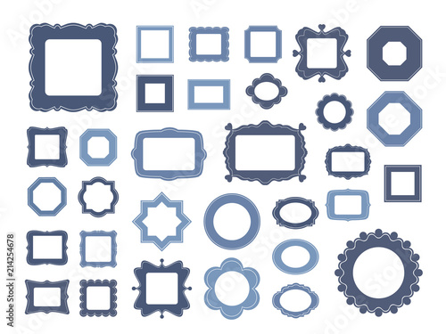 Mega set of decorative photo frames for your design organized as gallery wall.Different shapes: square, rectangle, round, oval, star, flower, octagon.Vector illustration.Big pack of 32 design elements