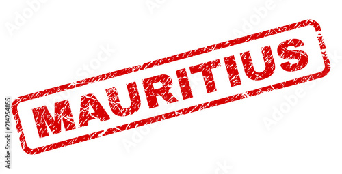 MAURITIUS stamp seal print with grunge style. Red vector rubber print of MAURITIUS label with grunge texture. Text label is placed inside rounded rectangle frame.