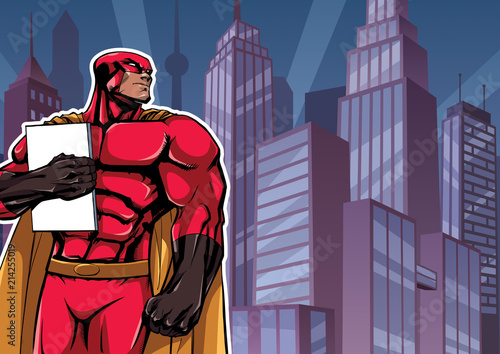 Illustration of powerful superhero holding book, magazine or comics. You can use the copy space on the cover as you wish.  