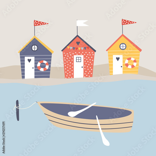 Vector beach huts and boat