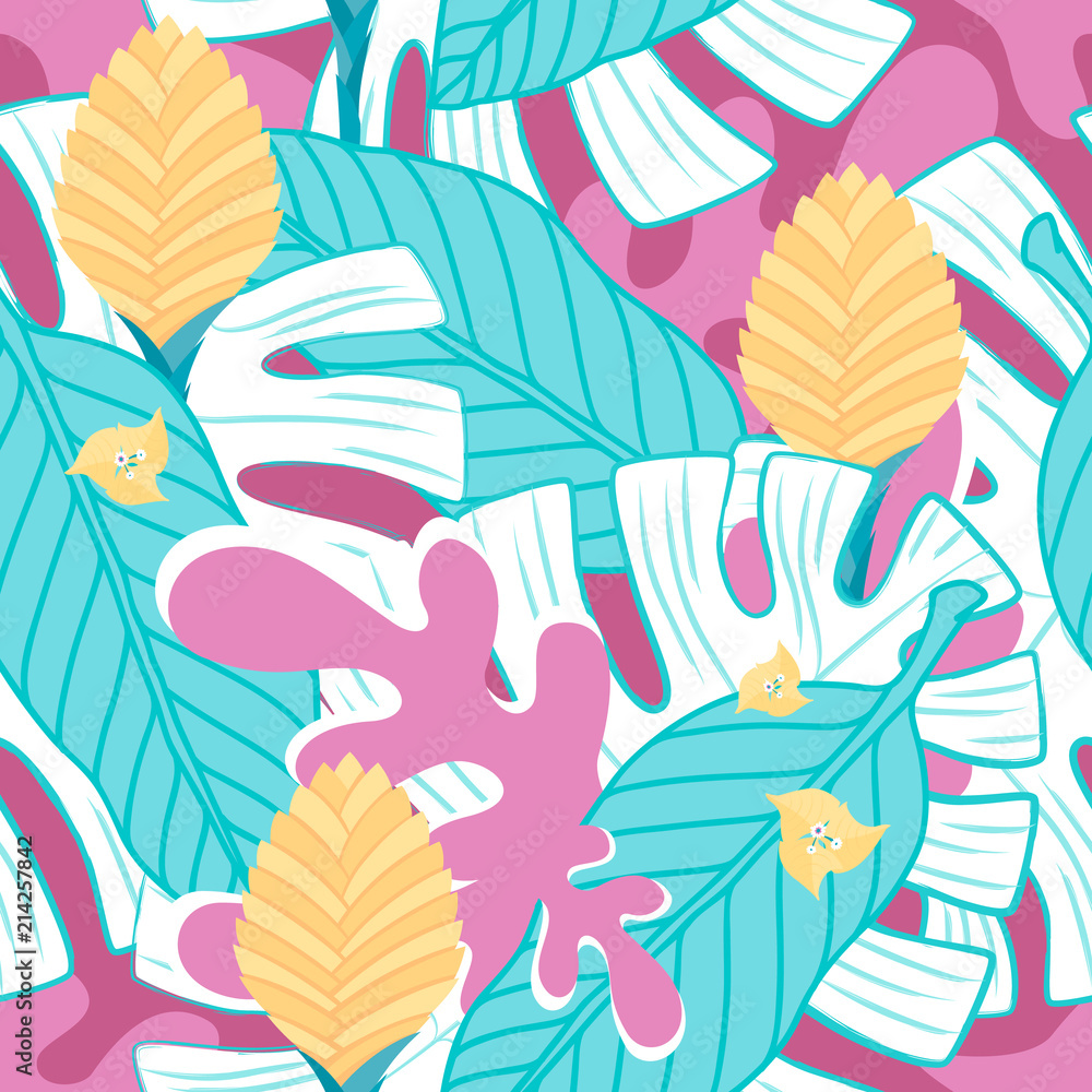 Color graphic seamless pattern from southern tropical plants, leaves and  cute flowers for decor, fabrics, wallpaper and design. Trend pastel and  neon vector flat illustration, isolated on background. Stock Vector | Adobe