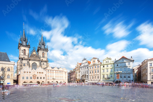 Prague old town square with old church and castle in shopping st