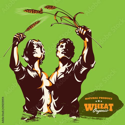 Paddy Wheat rice organic grain products food banner. Propaganda background style. Eco Protest Creative Green Poster Concept. 