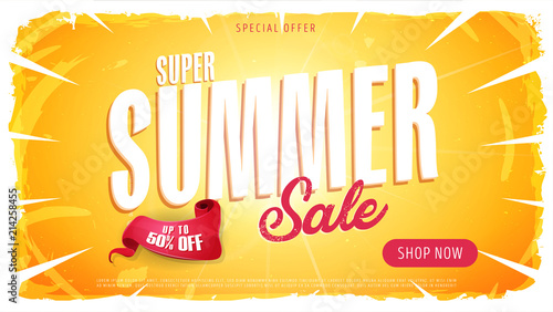 Summer Sale Template Banner/
Illustration of a wide summer sale template banner with colorul elements, typography and grunge frame