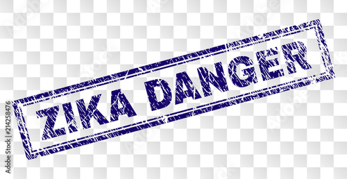 ZIKA DANGER stamp seal print with rubber print style and double framed rectangle shape. Stamp is placed on a transparent background. Blue vector rubber print of ZIKA DANGER label with retro texture.
