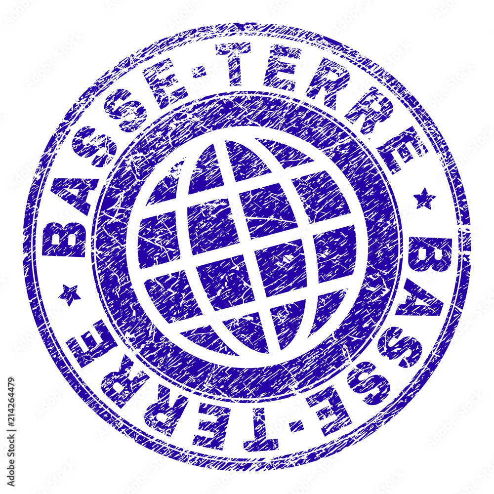 BASSETERRE stamp print with distress texture. Blue vector rubber seal
