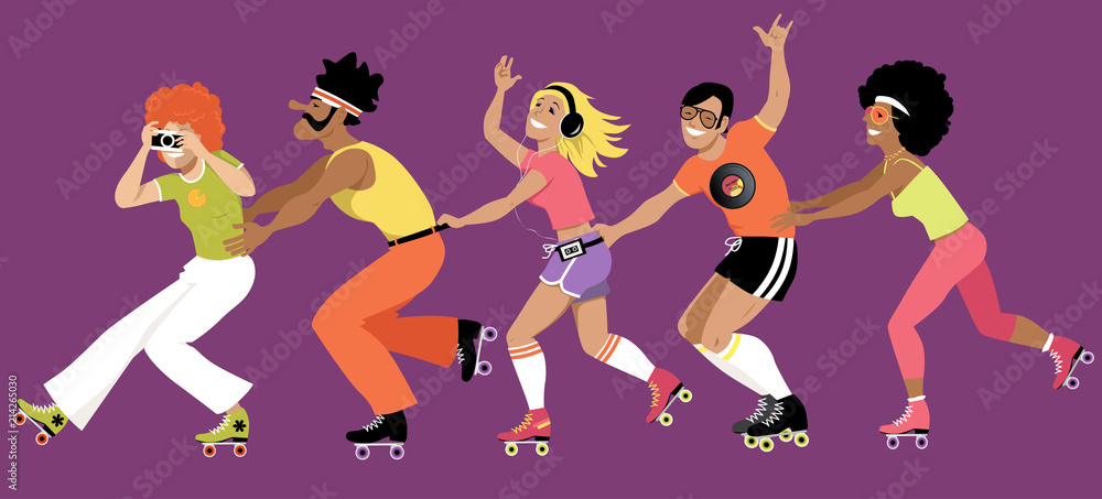 Group Of Young People Dressed In 1970s Fashion Roller Skating Eps 8 Vector Illustration Stock Vector Adobe Stock