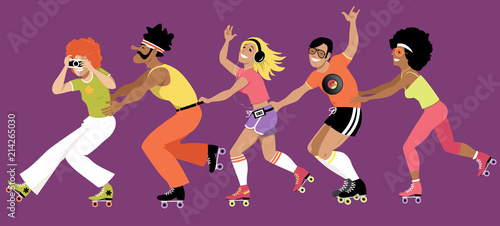Group of young people dressed in 1970s fashion roller skating, EPS 8 vector illustration photo