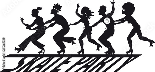 Group of people roller skating over a skate party banner, EPS 8 vector silhouette, no white objects