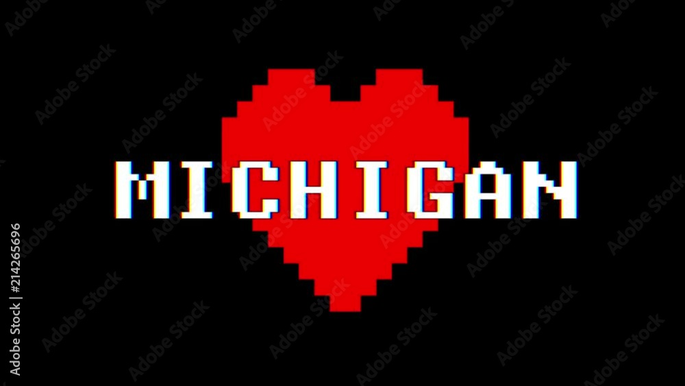 pixel heart MICHINGAN word text glitch interference screen seamless loop animation background new dynamic retro vintage joyful colorful video footage pixel heart MICHINGAN word text glitch interference screen seamless loop animation background new dynamic retro vintage joyful colorful video footage