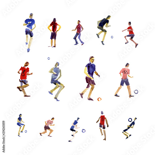 Soccer player kicks the ball with paint splatter design. Watercolor illustration modern design template