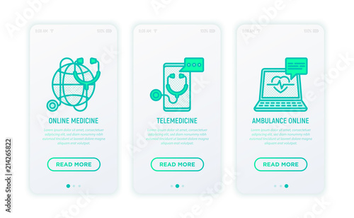 Online medicine, telemedicine, ambulance thin line icons. Modern vector illustration for user mobile app.