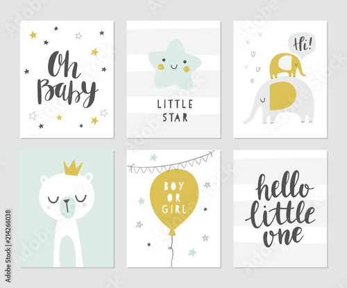 Baby shower vector card designs. Set of cute illustrations, elephants, bear, star, balloon, modern brush calligraphy phrases - oh baby, hello little one. Invitations, greeting card, posters.